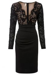 Sukienka mini z koronką, podkreślająca figurę. Czarne sukienki bonprix, bez wzorów, z koronki, eleganckie, bez kołnierzyka, bez ramiączek, mini. Za 189.99 zł.
