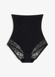 Figi shape o silnym stopniu modelowania z koronką w serduszka. Czarne figi bonprix, bez wzorów, z koronki. Za 77.99 zł.