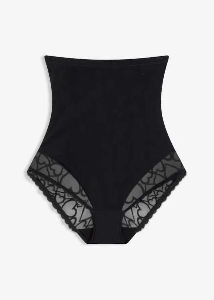 Figi shape o silnym stopniu modelowania z koronką w serduszka. Czarne figi bonprix, bez wzorów, z koronki. Za 77.99 zł.