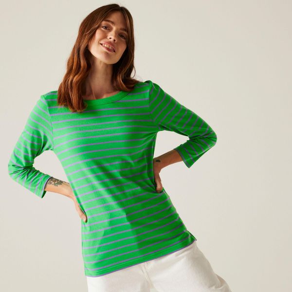 Koszulka do chodzenia z rękawem 3/4 damska Bayletta II. Zielone bluzki Regatta, bez wzorów, z tkaniny, sportowe, bez kołnierzyka, bez ramiączek. Za 147.50 zł.