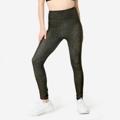 Legginsy fitness damskie Domyos w panterkę khaki. Brązowe legginsy DOMYOS, l, bez wzorów, z elastanu, z podwyższonym stanem. Za 69.99 zł.