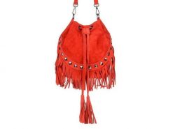 Worek skórzany czerwony z frędzlami X39. Czerwone torebki klasyczne bez wzorów, z materiału, średnie, bez dodatków. Za 192.40 zł.