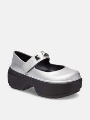 Crocs Baleriny "Stomp Metallic Jane" w kolorze srebrno-białym rozmiar: 37/38. Czarne baleriny Crocs, bez wzorów, bez obcasa, na platformie. Za 276.71 zł.