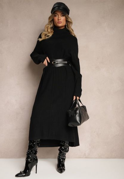 Czarna Sweterkowa Sukienka z Wiskozą z Golfem i Eleganckimi Rozcięciami Elettrina. Czarne sukienki Renee, na co dzień, s, bez wzorów, z wiskozy, eleganckie, bez kołnierzyka, bez ramiączek, midi. Za 94.99 zł.