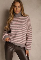 Szaro-Różowy Golf z Dodatkiem Wełny Ozdobiony Paskami Monarria. Szare golfy Renee, bez wzorów, z jeansu, bez ramiączek. Za 169.99 zł.