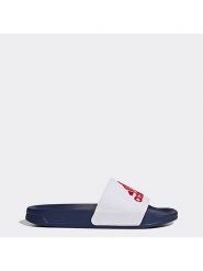 Adidas Klapki "Adilette" w kolorze biało-czerwono-granatowym rozmiar: 43. Białe klapki Adidas, bez wzorów, z otwartym noskiem, bez obcasa. Za 104.39 zł.