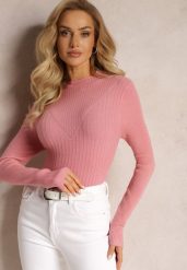 Różowy Dopasowany Sweter z Prążkami i Ozdobnym Tłoczeniem Linametta. Czerwone swetry Renee, bez wzorów, z jeansu, bez ramiączek. Za 49.99 zł.