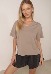 Beżowy T-shirt z Bawełny z Trójkątnym Dekoltem Siliphe. Brązowe t-shirty Born2be, uniwersalny, bez wzorów, z bawełny, bez kołnierzyka, bez ramiączek. Za 79.99 zł.
