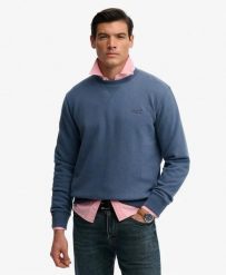 Superdry Bluza Essential Logo Crew z bawełny z recyklingu Vintage Indigo. Niebieskie bluzy Superdry, xl, z aplikacjami, z bawełny, bez kaptura. Za 301.95 zł.