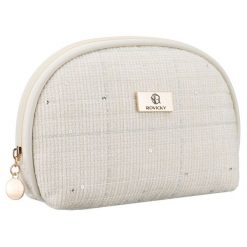 Beżowa kosmetyczka damska wykonana z materiału syntetycznego z ozdobnymi cekinami - Rovicky. Brązowe kufry i kosmetyczki ROVICKY, bez wzorów, z syntetyku, bez dodatków. Za 29.99 zł.