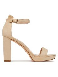 DeeZee Sandały SE008-BEIGE Beżowy. Brązowe sandały DeeZee, bez wzorów, z materiału, bez obcasa, na słupku, bez zapięcia. Za 139.99 zł.
