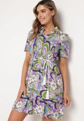 Fioletowa Sukienka z Bawełny o Koszulowym Fasonie w Kwiatowo Abstrakcyjny Wzór Edlana. Fioletowe sukienki Born2be, l, bez wzorów, z bawełny, eleganckie, bez kołnierzyka, bez ramiączek, mini, koszulowe. Za 29.99 zł.