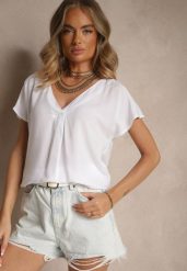Biała Nietoperzowa Bluzka z Wiskozy Zdobiona Zakładką Paslitia. Białe bluzki Renee, l, z aplikacjami, z jeansu, eleganckie, bez kołnierzyka, bez ramiączek. W wyprzedaży za 45.49 zł.