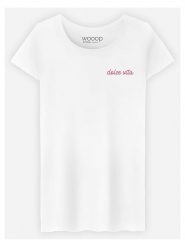 WOOOP Koszulka "Dolce Vita" w kolorze białym rozmiar: XL. Białe bluzki Wooop, xl, bez wzorów, z bawełny, bez kołnierzyka, bez ramiączek. Za 79.03 zł.