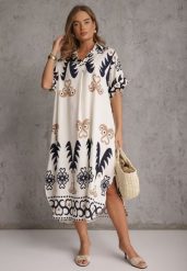Granatowa Wiskozowa Sukienka o Kroju Oversize z Geometrycznym Printem Talon. Niebieskie sukienki Renee, na lato, l, bez wzorów, z wiskozy, eleganckie, bez kołnierzyka, bez ramiączek, midi, oversize. Za 89.99 zł.