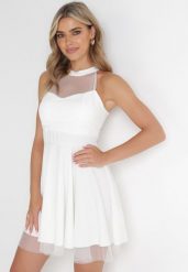 Biała Rozkloszowana Sukienka Mini z Siateczką Philippina. Białe sukienki Born2be, na imprezę, bez wzorów, z tiulu, bez kołnierzyka, bez ramiączek, mini, rozkloszowane. W wyprzedaży za 101.99 zł.