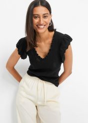 Koszulka z miękkiej, lejącej mieszanki wiskozy. Czarne bluzki bonprix, bez wzorów, z dzianiny, bez kołnierzyka, bez ramiączek. Za 84.99 zł.