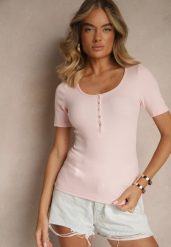 Różowy Bawełniany T-shirt Prążkowany z Guzikami Florvivi. Czerwone t-shirty Renee, m, bez wzorów, z bawełny, bez kołnierzyka, bez ramiączek. Za 59.99 zł.