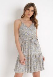 Niebiesko-Żółta Sukienka Zotemus. Niebieskie sukienki Born2be, m, bez wzorów, z materiału, bez kołnierzyka, bez ramiączek, mini, dopasowane. Za 29.99 zł.