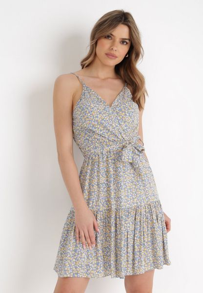 Niebiesko-Żółta Sukienka Zotemus. Niebieskie sukienki Born2be, na lato, m, bez wzorów, z materiału, bez kołnierzyka, bez ramiączek, mini, dopasowane. Za 69.99 zł.