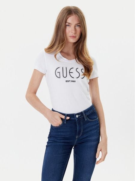 Guess T-Shirt W5YI05 J1314 Biały Regular Fit. Białe t-shirty Guess, l, z aplikacjami, z bawełny, bez kołnierzyka, bez ramiączek. Za 129.99 zł.