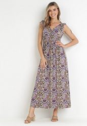 Fioletowa Wiskozowa Sukienka Maxi w Kwiaty z Gumką w Pasie Tolira. Fioletowe sukienki Born2be, l, bez wzorów, z wiskozy, bez kołnierzyka, bez ramiączek, maxi, rozkloszowane. Za 39.99 zł.