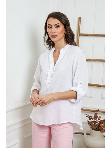 Joséfine Lniana bluzka w kolorze białym rozmiar: L. Białe bluzki Joséfine, l, bez wzorów, ze lnu, bez kołnierzyka, bez ramiączek. Za 157.35 zł.