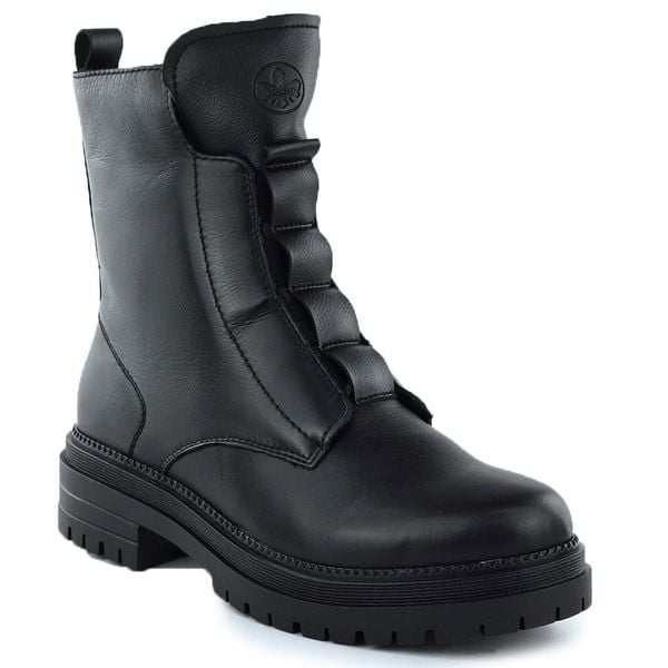 Skórzane botki damskie czarne Rieker Y3160-00. Czarne botki Rieker, bez wzorów, ze skóry, bez obcasa, bez zapięcia. Za 439.00 zł.