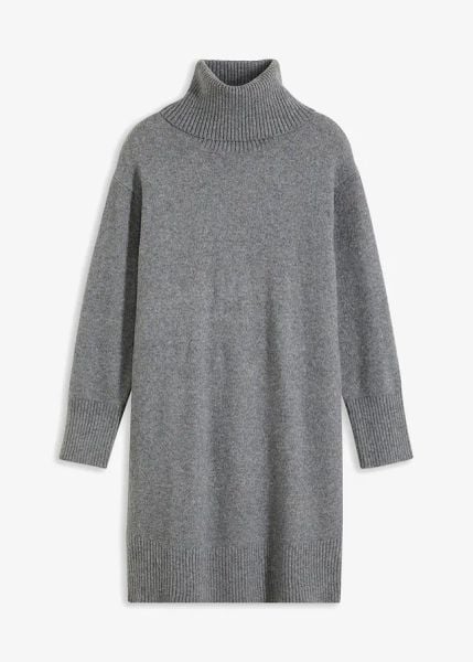 Sukienka dzianinowa z golfem. Szare sukienki bonprix, bez wzorów, z dzianiny, bez kołnierzyka, bez ramiączek, mini. Za 179.99 zł.