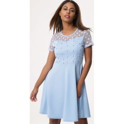 Niebieska Sukienka Former. Niebieskie sukienki Born2be, na randkę, l, bez wzorów, klasyczne, bez kołnierzyka, bez ramiączek, mini, rozkloszowane. Za 49.99 zł.