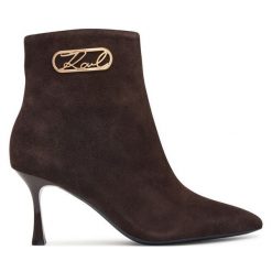 Botki KARL LAGERFELD. Brązowe botki KARL LAGERFELD, bez wzorów, bez obcasa, na szpilce, bez zapięcia. Za 964.99 zł.