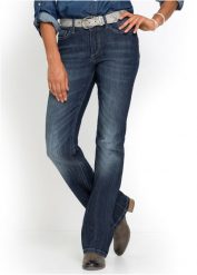Wygodne dżinsy ze stretchem BOOTCUT. Niebieskie jeansy bonprix, z aplikacjami. Za 109.99 zł.