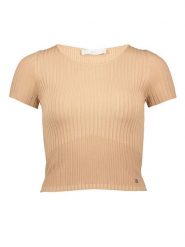 Guess Koszulka w kolorze beżowym rozmiar: L. Brązowe bluzki Guess, l, z aplikacjami, bez kołnierzyka, bez ramiączek. Za 79.21 zł.