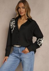 Czarna Koszula z Wiskozą o Fasonie Oversize z Kwiatowym Zdobieniem Sarbia. Czarne koszule Renee, l, z aplikacjami, z jeansu, eleganckie, bez kołnierzyka, bez ramiączek. Za 89.99 zł.