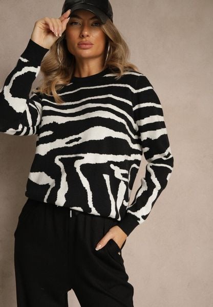 Czarny Klasyczny Sweter w Zebrę Unarella. Czarne swetry Renee, l, bez wzorów, bez ramiączek. Za 79.99 zł.
