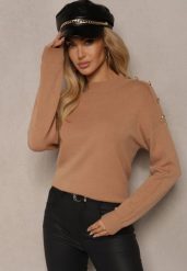 Beżowy Sweter z Półgolfem Wiskozą i Modalem Ozdobiona Guzikami Emmitana. Brązowe swetry Renee, m, bez wzorów, z jeansu, bez ramiączek. W wyprzedaży za 63.99 zł.