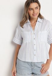 Niebieska Koszula z Lnu i Wiskozy o Kroju Oversize Restia. Niebieskie koszule Born2be, m, bez wzorów, z tkaniny, biznesowe, bez kołnierzyka, bez ramiączek. Za 119.99 zł.