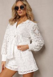Biała Klasyczna Koszula z Ażurowego Materiału Aseili. Białe koszule Renee, m, w ażurowe wzory, klasyczne, bez kołnierzyka, bez ramiączek. Za 69.99 zł.