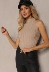 Beżowy Top z Golfem i Wiskozą z Prążkowanego Materiału Lilithea. Brązowe golfy Renee, m, bez wzorów, z jeansu, bez kołnierzyka, bez ramiączek. Za 59.99 zł.
