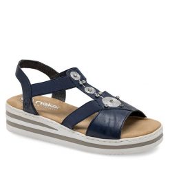 Sandały Rieker. Niebieskie sandały Rieker, bez wzorów, bez obcasa, na koturnie, bez zapięcia. Za 259.99 zł.