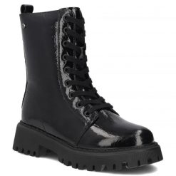 Skórzane botki damskie lakierowane glany czarne Filippo DBT8288. Czarne botki Filippo, bez wzorów, z lakierowanej skóry, bez obcasa, bez zapięcia. Za 289.99 zł.