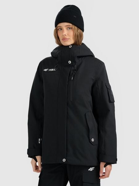 4F Kurtka snowboardowa membrana 15000 damska - czarna L. Czarne kurtki narciarskie 4f, l, bez wzorów, z materiału, bez kaptura, narciarskie. Za 699.99 zł.