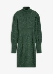 Sukienka dzianinowa z cekinami. Zielone sukienki bonprix, bez wzorów, z dzianiny, eleganckie, bez kołnierzyka, bez ramiączek. Za 147.99 zł.