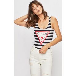 Guess Jeans - Top. Czerwone topy Guess Jeans, l, z aplikacjami, z bawełny, bez kołnierzyka, bez ramiączek. W wyprzedaży za 139.90 zł.