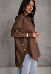 Brązowa Oversizowa Koszula z Bawełny z Eleganckimi Guzikami Rhenenore. Brązowe koszule Renee, l, bez wzorów, z bawełny, casualowe, bez kołnierzyka, bez ramiączek. Za 169.99 zł.