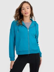 4F Bluza dresowa rozpinana z kapturem damska - turkusowa L. Niebieskie bluzy 4f, l, bez wzorów, z bawełny, z kapturem. Za 169.99 zł.