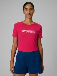 4F T-shirt slim z nadrukiem damski - różowy S. Czerwone t-shirty 4f, l, bez wzorów, z materiału, bez kołnierzyka, bez ramiączek. Za 59.99 zł.