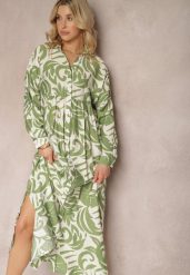 Zielona Rozkloszowana Sukienka w Kroju Szmizjerki z Zapięciem na Guziki i Falbanką Kelloena. Zielone sukienki Renee, na co dzień, l, bez wzorów, z jeansu, eleganckie, bez kołnierzyka, bez ramiączek, maxi, proste. Za 119.99 zł.