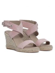 Ilse Jacobsen Skórzane sandały w kolorze jasnoróżowym na koturnie rozmiar: 41. Różowe sandały Ilse Jacobsen, bez wzorów, z otwartym noskiem, bez obcasa, na koturnie, bez zapięcia. Za 105.63 zł.