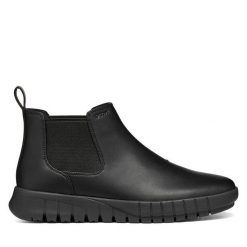 Sztyblety Geox. Czarne botki Geox, bez wzorów, bez obcasa, na płaskiej podeszwie, bez zapięcia. Za 549.99 zł.